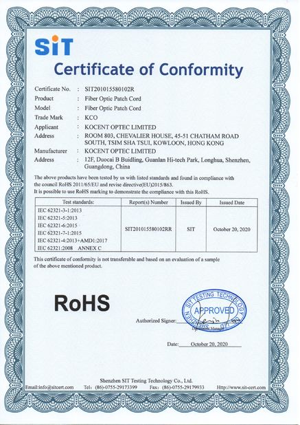China KOCENT OPTEC LIMITED certification